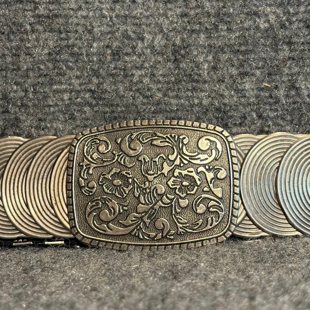 Vintage Silver Tone Metal Concho Disc Link Belt Ornate Buckle Boho Elastic Waist